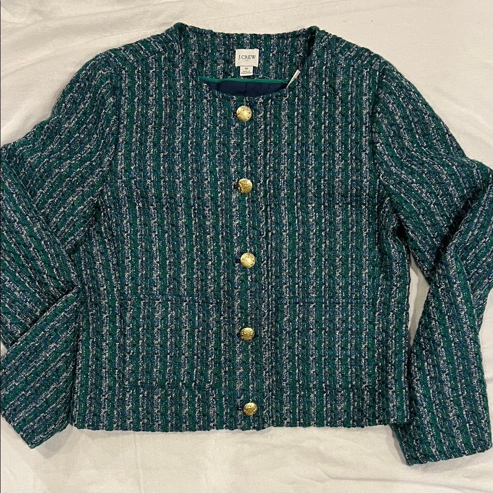 J. Crew  Factory Teal Tweed Jacket with Gold Accents - Picture 4 of 6